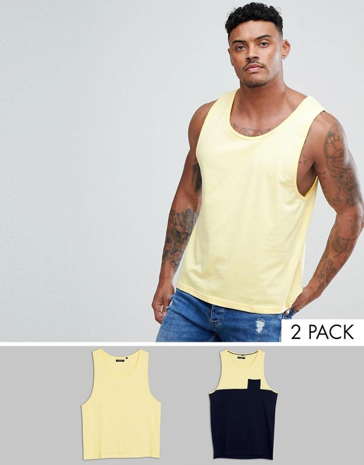 Brave Soul 2 Pack Plain And Block Contrast Pocket Tank - Yellow