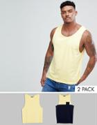 Brave Soul 2 Pack Plain And Block Contrast Pocket Tank - Yellow