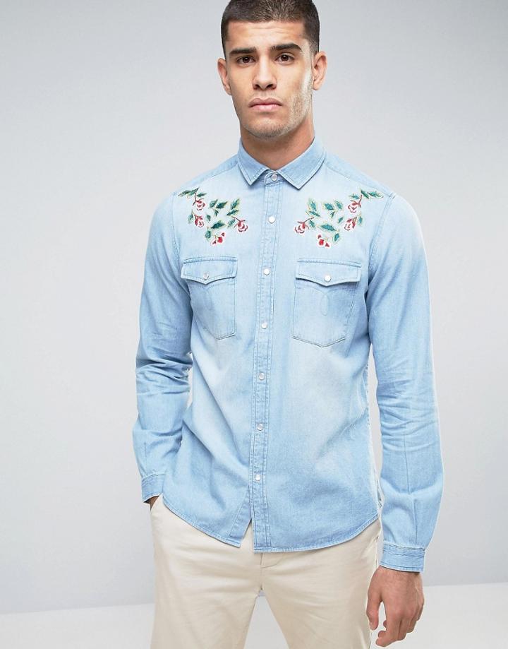Asos Regular Fit Western Shirt With Floral Embroidered Collar In Bleac
