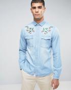 Asos Regular Fit Western Shirt With Floral Embroidered Collar In Bleac
