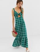 Asos Design Knot Front Button Through Maxi Dress With Cut Out In Check Print-multi