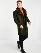 Gianni Feraud Faux Fur Collar Double Breasted Coat-green