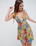 Asos Design Floral Tile Print Crinkle Beach Dress - Multi