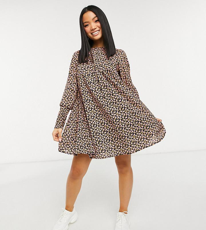 Y.a.s Petite Smock Dress With Frill Neck In Floral Print-multi