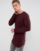 Asos Super Longline Muscle Long Sleeve Rib T-shirt With Curved Hem In Burgundy - Red
