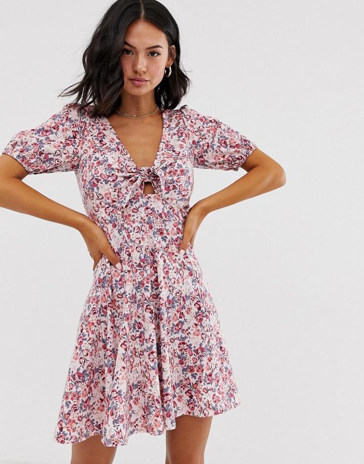 Asos Design Tie Front Mini Tea Dress With Puff Sleeves In Vintage Floral-multi
