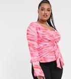Prettylittlething Plus Exclusive Blouse With Tie Waist In Pink Abstract Print - Multi