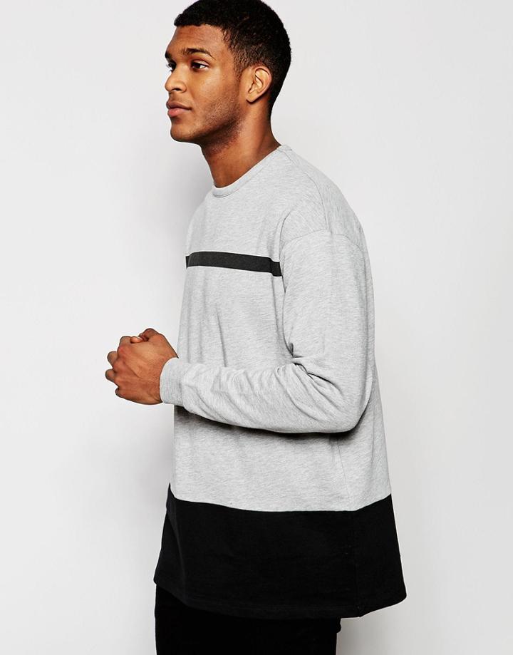 Asos Longline Oversized Sweatshirt With Contrast Panels - Gray Marl