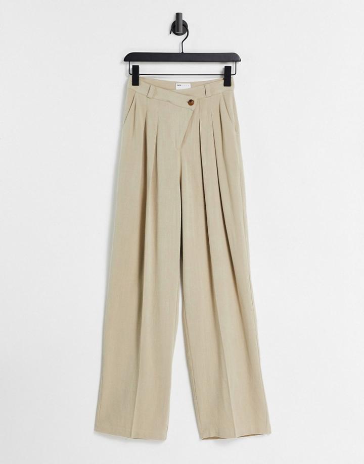Asos Design Linen Wide Leg Pant With Asymmetric Fly In Stone-white