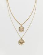 Asos Design Multirow Necklace With Vintage Style Cut Out Coin And Wax Seal Pendants In Gold Tone - Gold