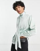 Asos Design Satin Shirt With Pussybow Tie Neck In Recycled Polyester In Sage Green