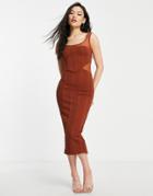 Asos Design Mesh Square Neck Rib Midi Dress In Brown-black