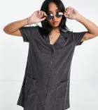 Asos Design Petite Soft Denim Shirt Dress In Washed Black