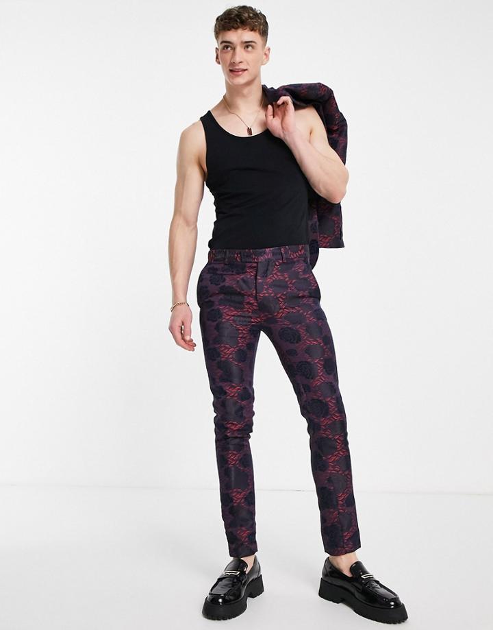 Bolongaro Trevor Super Skinny Fit All Over Jacquard Floral Suit Pants-red