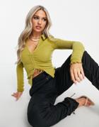 Asos Design Long Sleeve Ruched Front Butterfly Hem Top In Olive-green