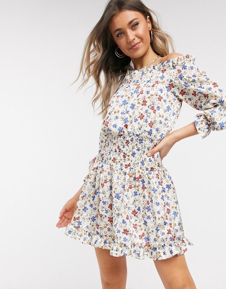 Asos Design Shirred Satin Mini Dress With Pephem In Floral Print-multi