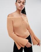 Asos Design Off Shoulder Sweater With Flared Sleeve - Beige