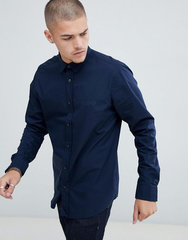 Hugo Evory-logo Regular Fit Poplin Shirt In Navy - Navy