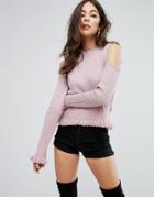 Prettylittlething Cold Shoulder Ruffle Detail Sweater - Pink