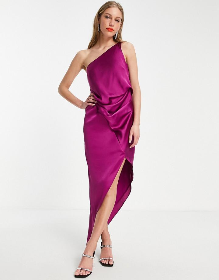 Asos Design Satin One Shoulder Drape Midi Dress In Mauve-purple