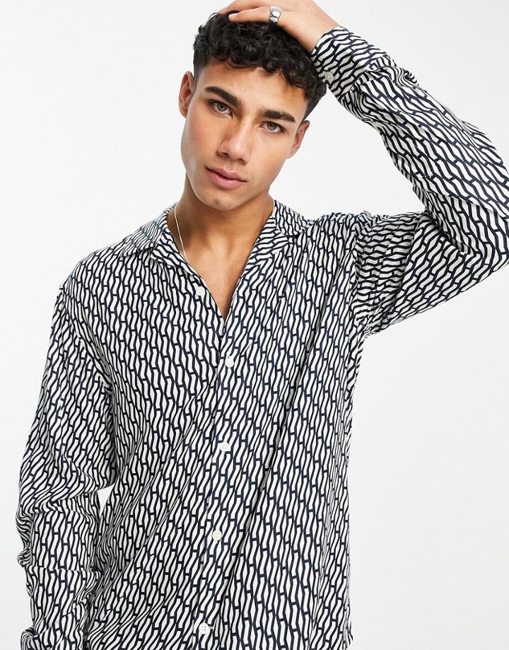 Selected Homme Shirt With Revere Collar In All Over Navy Print