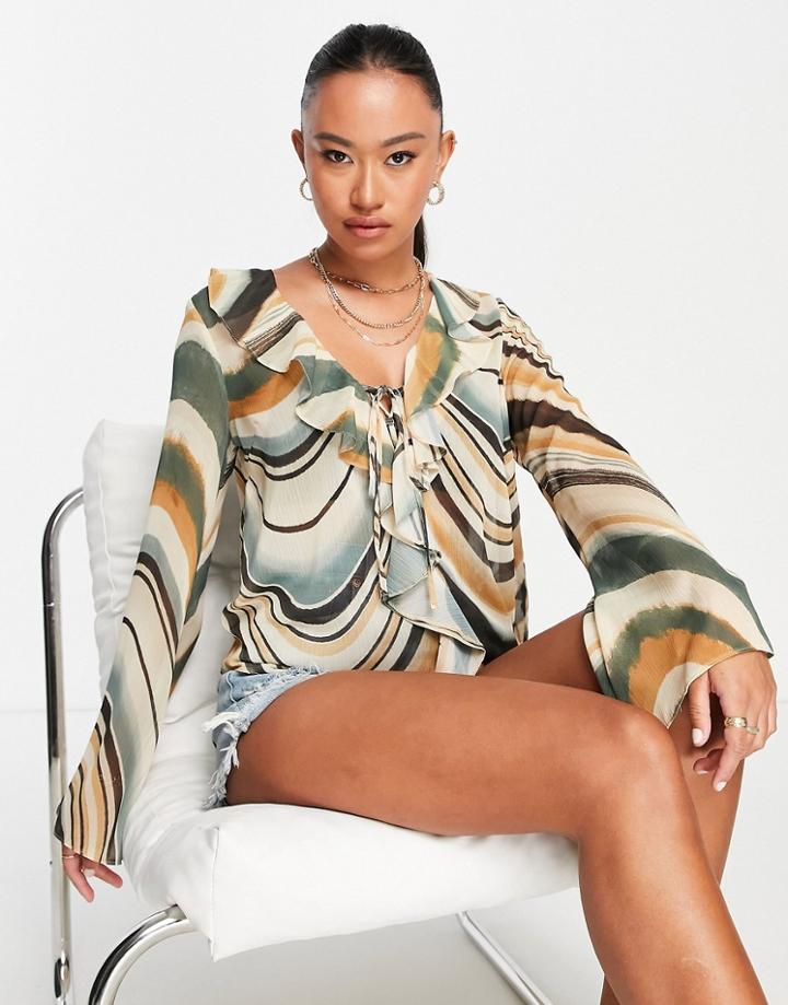 River Island Chiffon Abstract Top In Brown