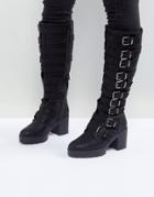 Asos Caution Buckle Heeled Knee High Boots - Black