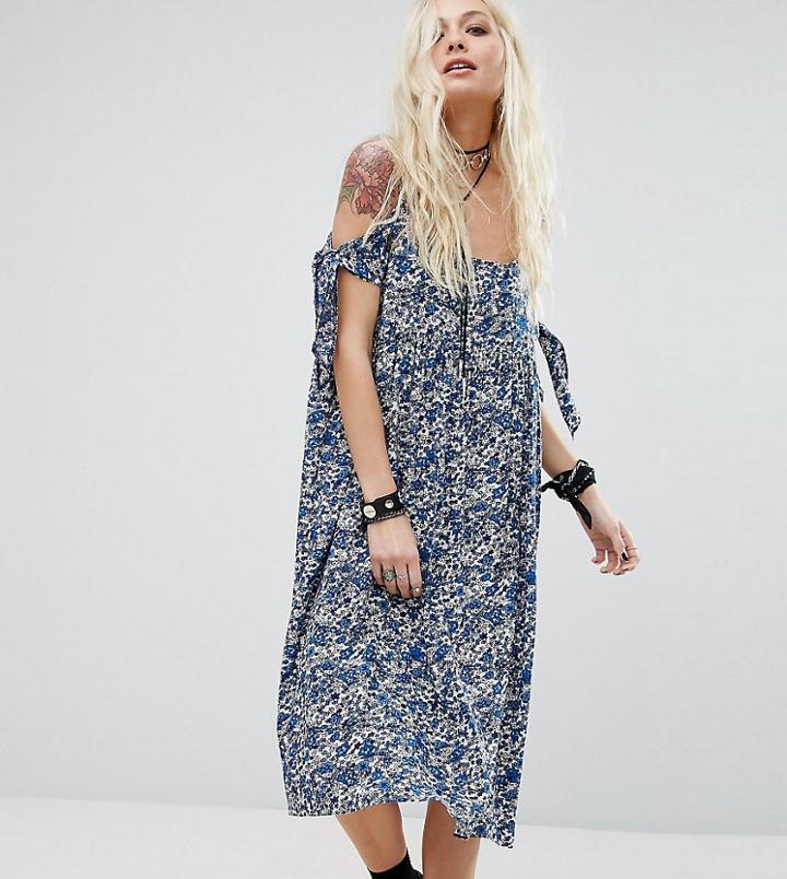 Reclaimed Vintage Inspired Midi Dress With Cold Shoulder Ties - Blue