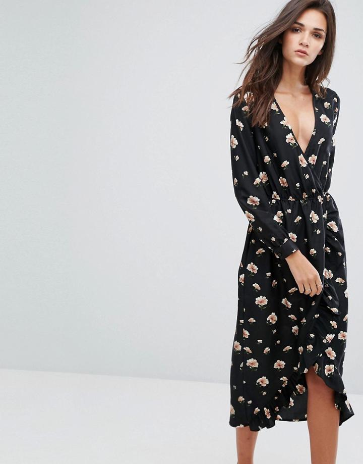 Influence Ruffle Wrap Midi Dress - Black