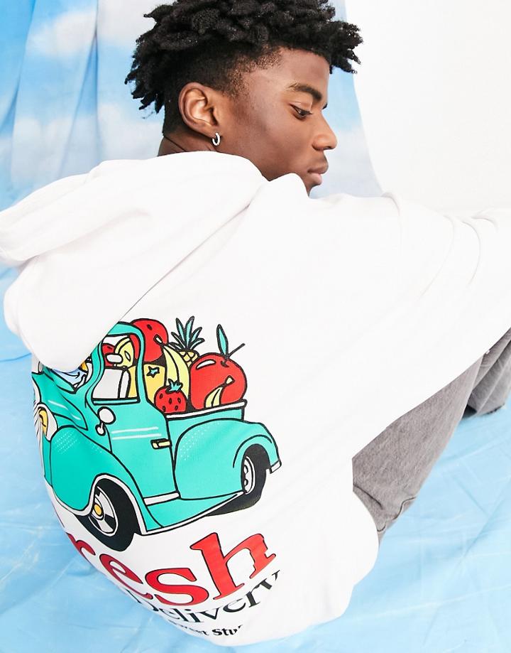 Crooked Tongues Oversized Hoodie With Fresh Fruit Delivery Graphic In White