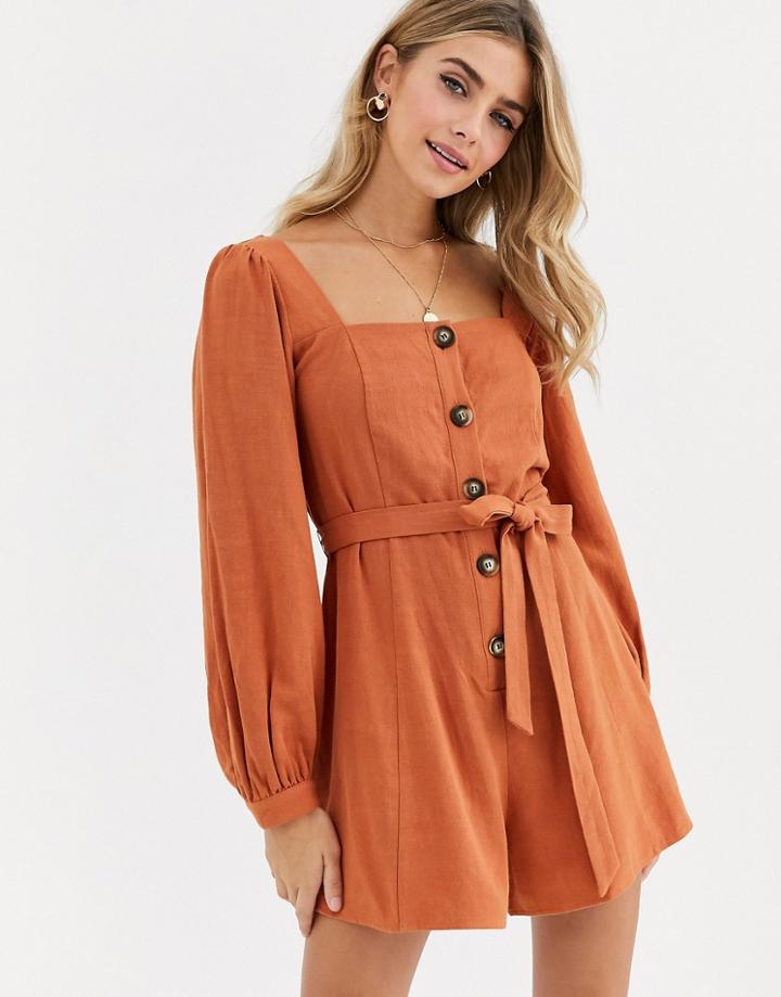 Asos Design Button Front Tie Waist Puff Sleeve Romper With Long Sleeves-red