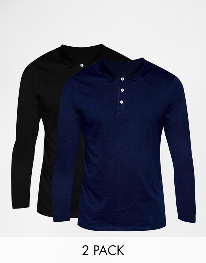 Asos Long Sleeve Jersey Polo 2 Pack Black/navy Save 18%