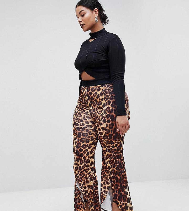 Lasula Plus Front Split Leopard Print Pants - Multi