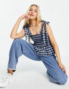 New Look Shirred Tie Strap Cami In Blue Check-blues