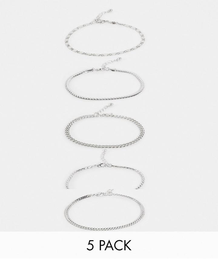 Asos Design 5-pack Skinny Chain Bracelets Set In Silver Tone