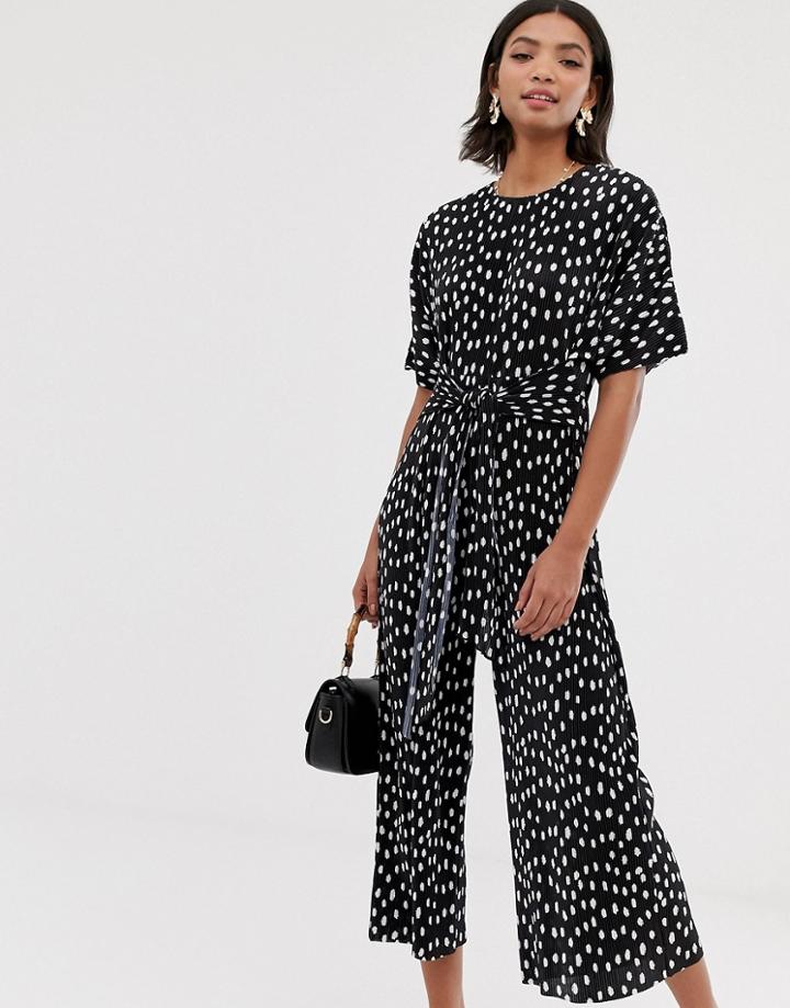 Asos Design Plisse Tie Front Jumpsuit In Polka Dot-multi