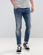 Redefined Rebel Skinny Jeans With Distressing In Mid Wash Blue - Blue