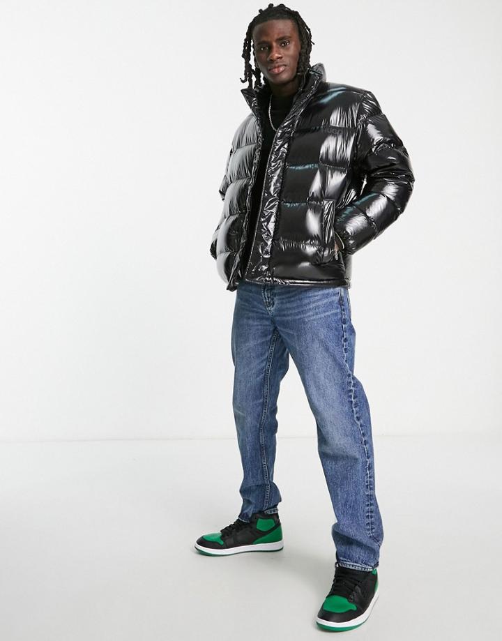 Hugo Shiny Puffer Jacket With Logo Back Print-black