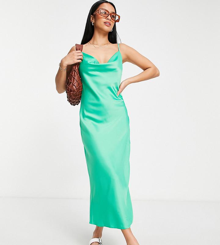 New Look Petite Satin Cowl Neck Midi Dress In Green