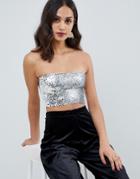 Miss Selfridge Sequin Bandeau Top In Silver - Silver