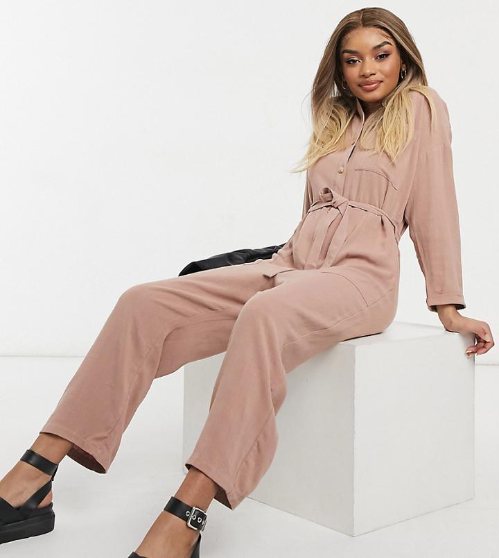 Asos Design Petite Slouchy Button Front Tie Waist Jumpsuit In Linen-pink