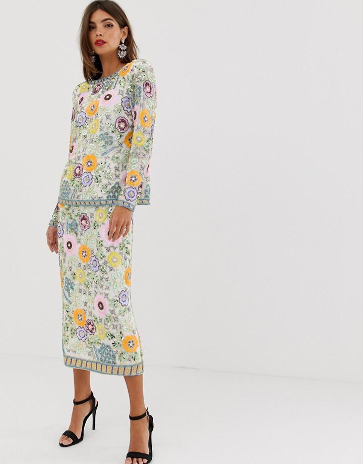 Asos Edition Floral Embellished Midi Pencil Skirt - Multi