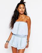 Surf Gypsy Gauze Fringe Trim Strappless Beach Romper - Light Blue