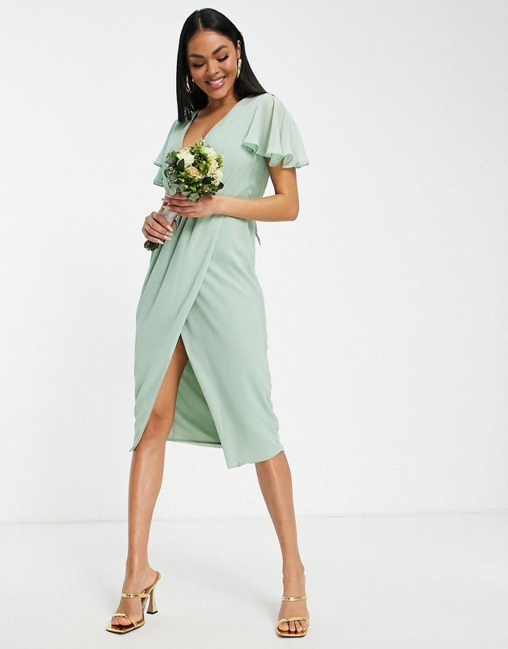 Tfnc Bridesmaid Chiffon Wrap Front Midi Dress With Flutter Sleeve In Fresh Sage-green