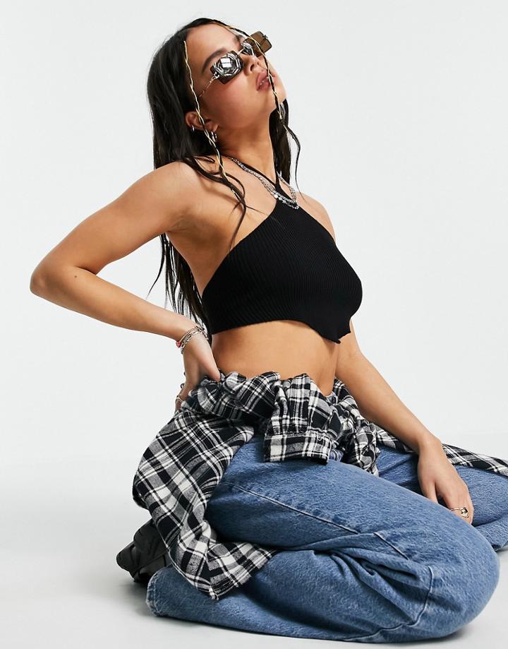 Bershka Scarf Hem Detail Halter Neck Crop Top In Black