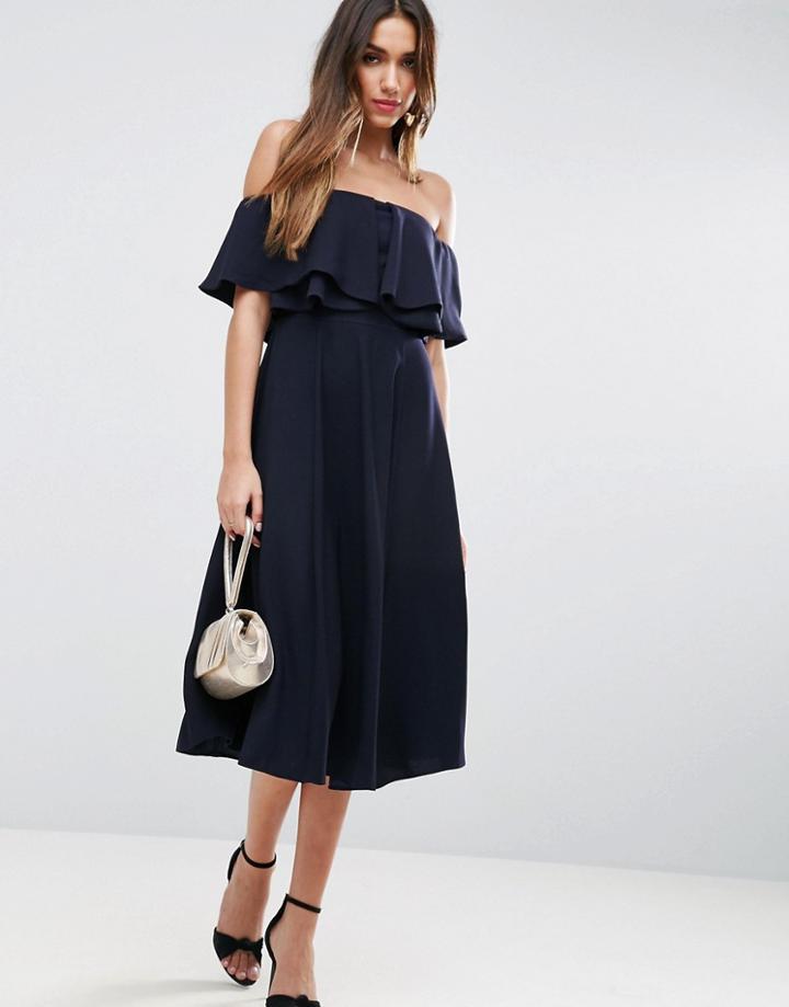 Asos Soft Off Shoulder Bardot Prom Midi Dress - Navy