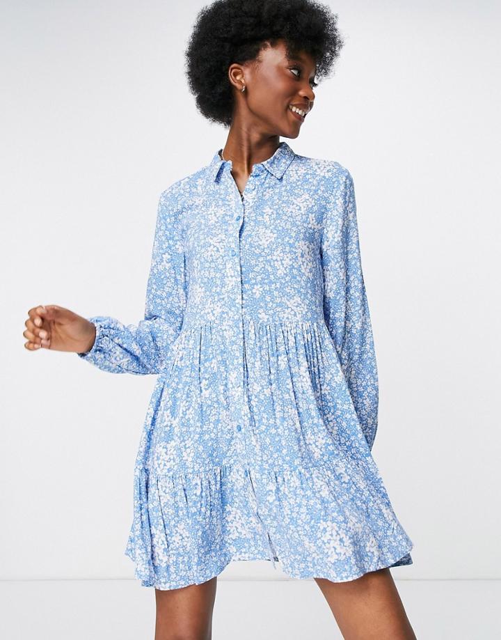 Stradivarius Mini Shirt Dress In Blue Floral-blues