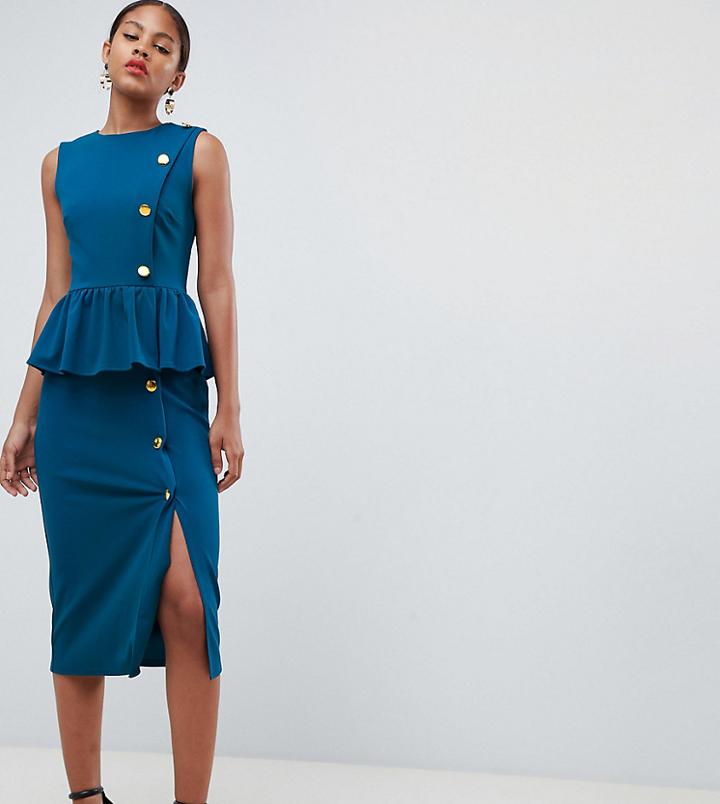 Asos Design Tall Exclusive Pencil Dress With Peplum And Button Detail - Green