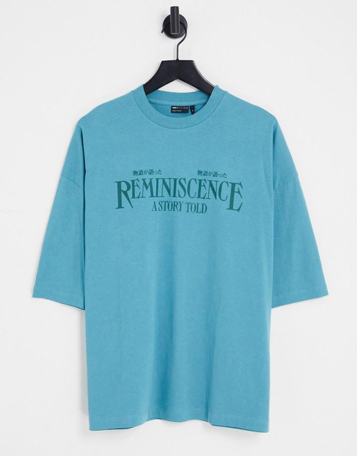 Asos Design Oversized T-shirt In Teal Blue With Text Front Print-green