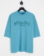 Asos Design Oversized T-shirt In Teal Blue With Text Front Print-green